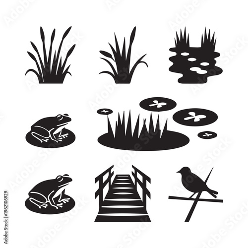 Black Marsh Silhouette Vector Icons Featuring Cattails Frog Heron And Pond Scenery.