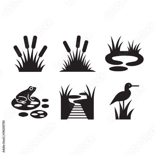 Black Marsh Silhouette Vector Icons Featuring Cattails Frog Heron And Pond Scenery.