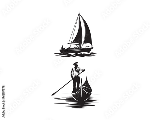 Minimalist black silhouette of sailboat and gondolier on calm water, elegant nautical vector illustration, marine travel concept, vintage maritime design