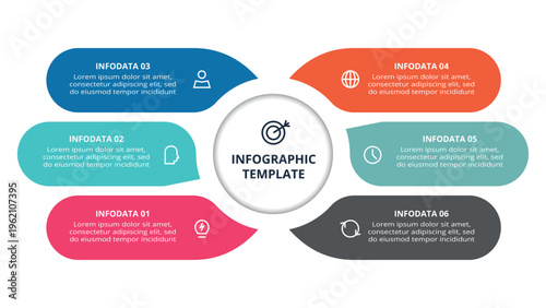 Essential infographic with 6 steps, options, parts or processes. Business data visualization.