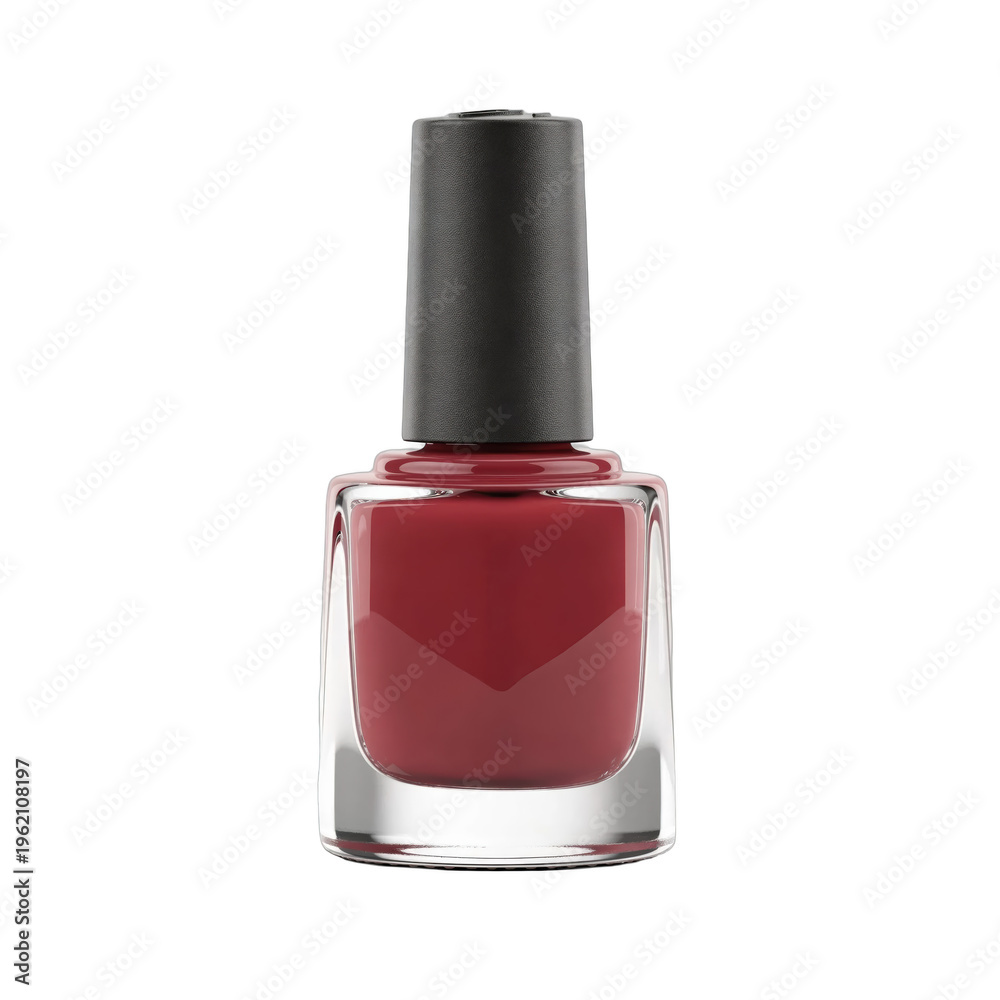 Obraz premium A sleek bottle of deep red nail polish with a matte black cap.