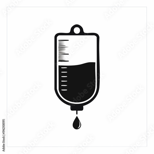 An IV bag with a single drop falling, used for medical treatment indoors.