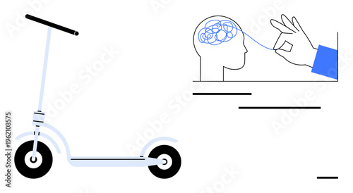 Sustainable transportation, eco-friendly travel, problem-solving, innovation, creativity, mental clarity. Electric scooter and a hand untangling a brain. Concept of eco-friendly travel and mental
