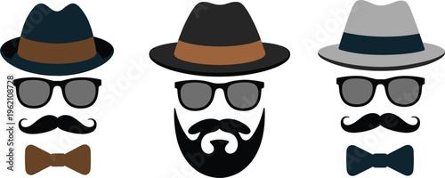 Hipster style vector set with hat glasses mustache and beard, trendy male fashion icons collection design