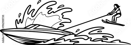 Black line art illustration of a powerful speedboat pulling a water skier performing a jump, minimalist summer water sports and coastal adventure vector isolated on white.