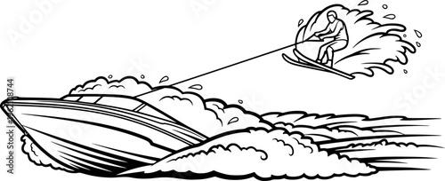 Black line art illustration of a powerful speedboat pulling a water skier performing a jump, minimalist summer water sports and coastal adventure vector isolated on white.