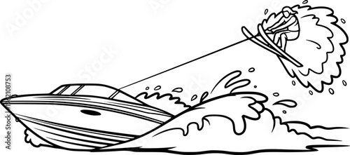 Black line art illustration of a powerful speedboat pulling a water skier performing a jump, minimalist summer water sports and coastal adventure vector isolated on white.