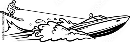 Black line art illustration of a powerful speedboat pulling a water skier performing a jump, minimalist summer water sports and coastal adventure vector isolated on white.