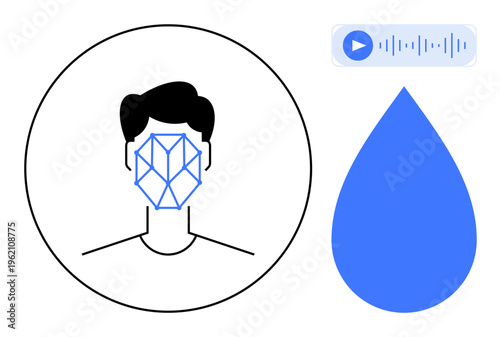Artificial intelligence, facial recognition, biometrics, voice authentication, identity verification, data security. Geometric face map and audio icon. Facial recognition and biometrics concept