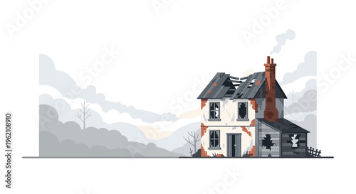 A dilapidated, abandoned house with a broken roof, shattered windows, and a smoking chimney stands under a grey sky with bare trees.