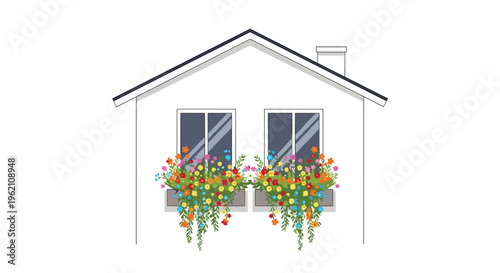 A white house with a grey roof features two windows, each decorated with a vibrant flower box filled with colorful blossoms.