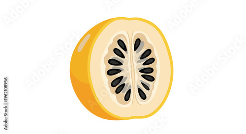 A bright yellow granadilla is cut in half, exposing its pale pulp and numerous black seeds on a clean white background.