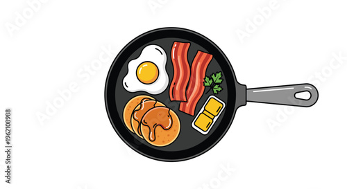 A top-down view of a complete breakfast with a fried egg, bacon, pancakes, butter, and parsley is served in a black frying pan.