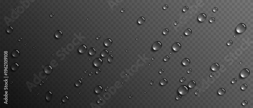 Realistic vector water drops overlay isolated on a dark transparent background. Water condensation on surface, light reflection and realistic shadow. 3d vector rain or shower drops. Pure liquid