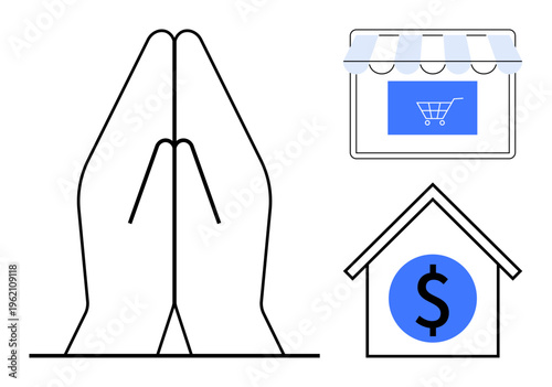 Online shopping, digital donations, charity, e-commerce, financial support, housing security. Hands in a prayer gesture, store icon with a cart and house with a dollar sign. Online shopping