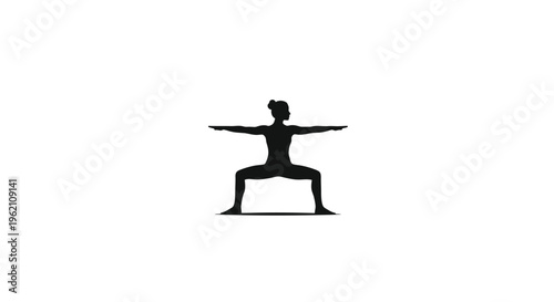 Silhouette of a woman in yoga warrior II pose on white background