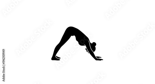 Silhouette of woman doing downward-facing dog yoga pose on white background