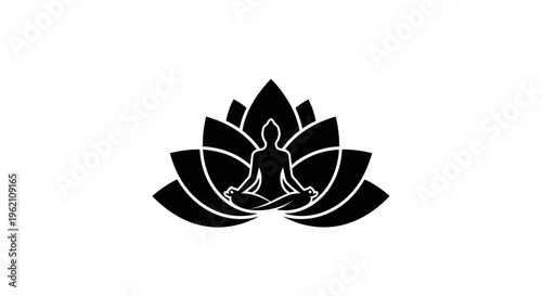 Silhouette of person meditating in lotus pose with lotus flower background