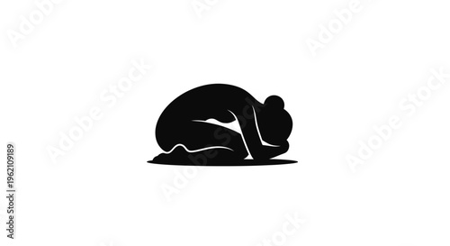 Silhouette of a woman curled up in despair on a white background