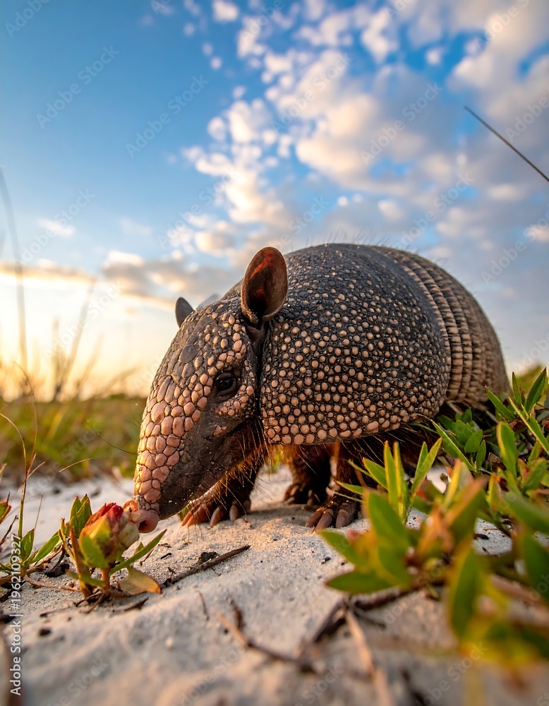 Obraz premium A close-up view of an armadillo on sand amidst vegetation with a cloudy, blue sky