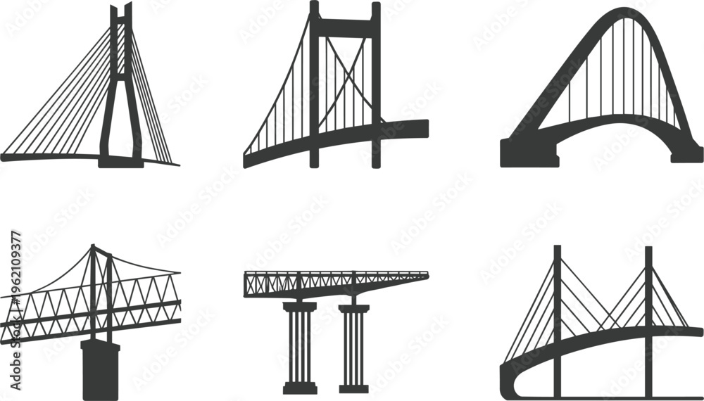 Fototapeta premium Bridge silhouette vector set with suspension and arch structures, construction infrastructure icons for transport design