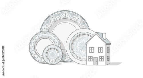 A small outline house model stands next to a stack of four decorative plates with blue and gray patterns.