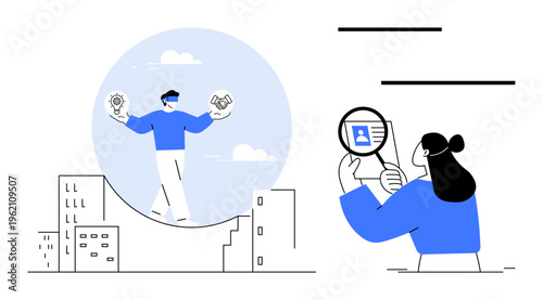 Digital identity concept. A person evaluates decision-making with icons, while another inspects identity verification using a magnifying glass. Perfect for cybersecurity, technology, fintech
