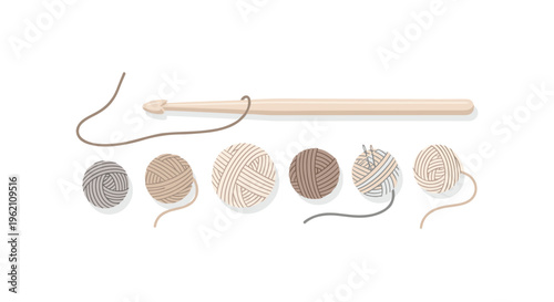 A wooden crochet hook is placed above a row of seven yarn balls in various neutral tones on a white background.