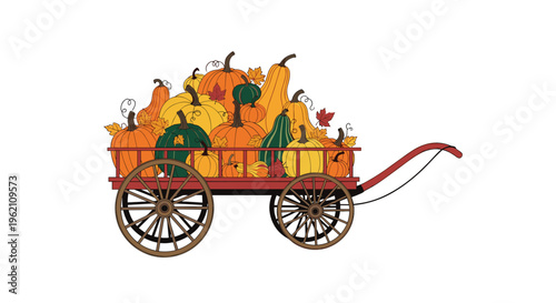 A rustic red wooden wagon overflowing with a variety of colorful pumpkins and gourds is depicted on a white background.