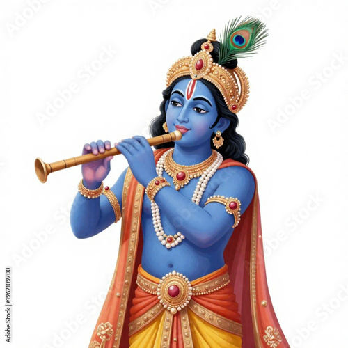 Lord Krishna illustration playing flute with peacock feather crown isolated on white background