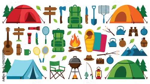 Collection of camping and outdoor equipment and gear.