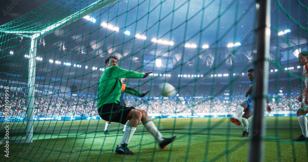 Obraz premium Professional Male Soccer Goalkeeper Reacts Inside the Goal as a Close-range Shot Flies in During an International Championship Match, Capturing Decisive World Football Action in a Packed Stadium.