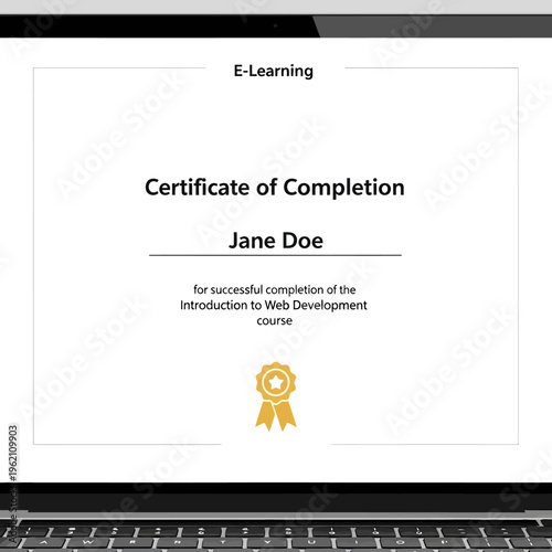 E-learning certificate of completion on laptop.