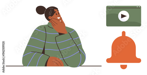 Online learning, social media, notifications, video content, digital tools, productivity. A person with a video play button icon and a notification bell. Online learning and social media