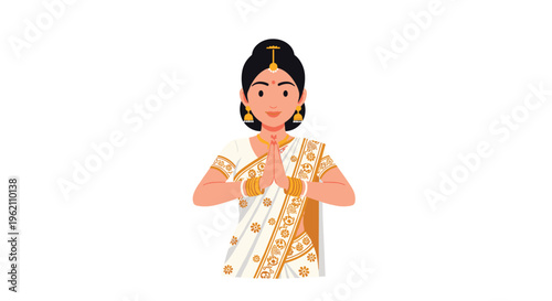 A single Indian woman in a white and gold sari stands with hands clasped in a namaste gesture on a white background.