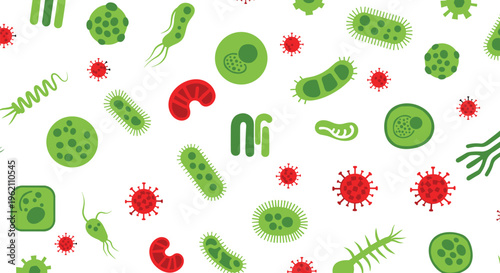 A seamless pattern of diverse green and red microscopic organisms is spread across a clean white background.