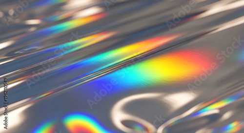 Holographic foil, rainbow colors, shiny metallic surface, reflective material