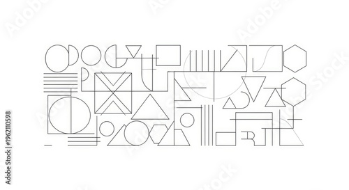 Geometric shapes, line art icons, minimalist design elements, abstract symbols