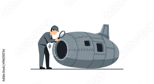 A technician is inspecting a grey, riveted capsule with a magnifying glass on a plain white background.