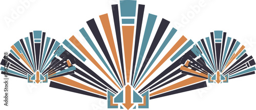 Abstract geometric design with fan shaped elements and colorful stripes