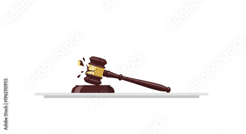 A wooden judge's gavel with a cracked head rests on a dark brown sound block on a light gray surface.