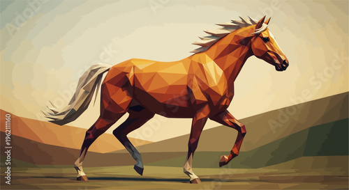 Geometric low-poly horse trotting through a stylized abstract landscape with warm earthy tones and a clear sky.