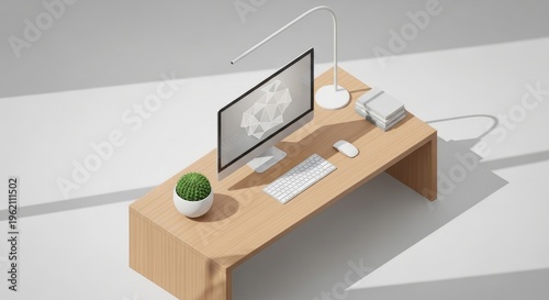 Modern wooden desk with computer and office supplies, minimalist workspace with monitor and keyboard, light wood furniture for home office