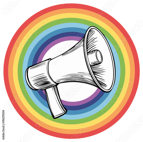Hand drawn megaphone announces with a rainbow colored circle behind it symbolizing pride and awareness