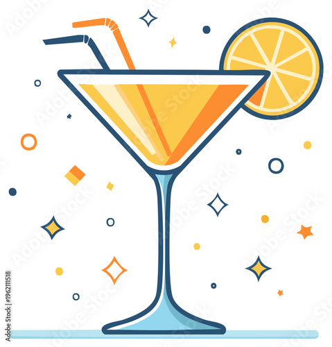 Refreshing orange cocktail in martini glass with citrus garnish and drinking straws vector art