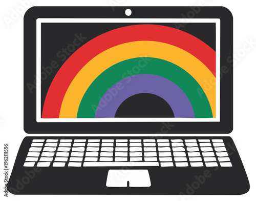 Laptop screen displays vivid rainbow arch illustration for inclusivity and positive connection