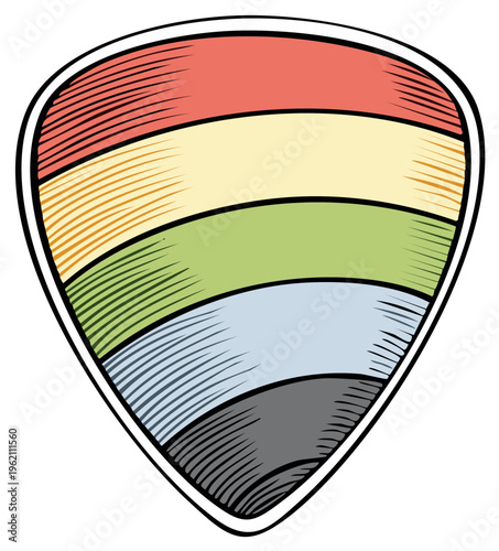 Colorful striped guitar pick with retro illustration style