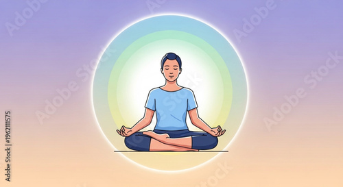 Woman meditates in lotus position with glowing aura and peaceful expression in a serene environment