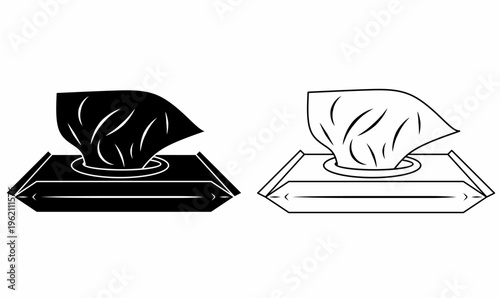 wet wipes icon set, also known as a wet towel, wet one, moist towelette, disposable wipe, disinfecting wipe, or a baby wipe. illustration vector in outline and silhouette