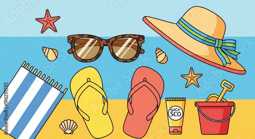 Beach vacation accessories laid out on sandy shore with ocean background